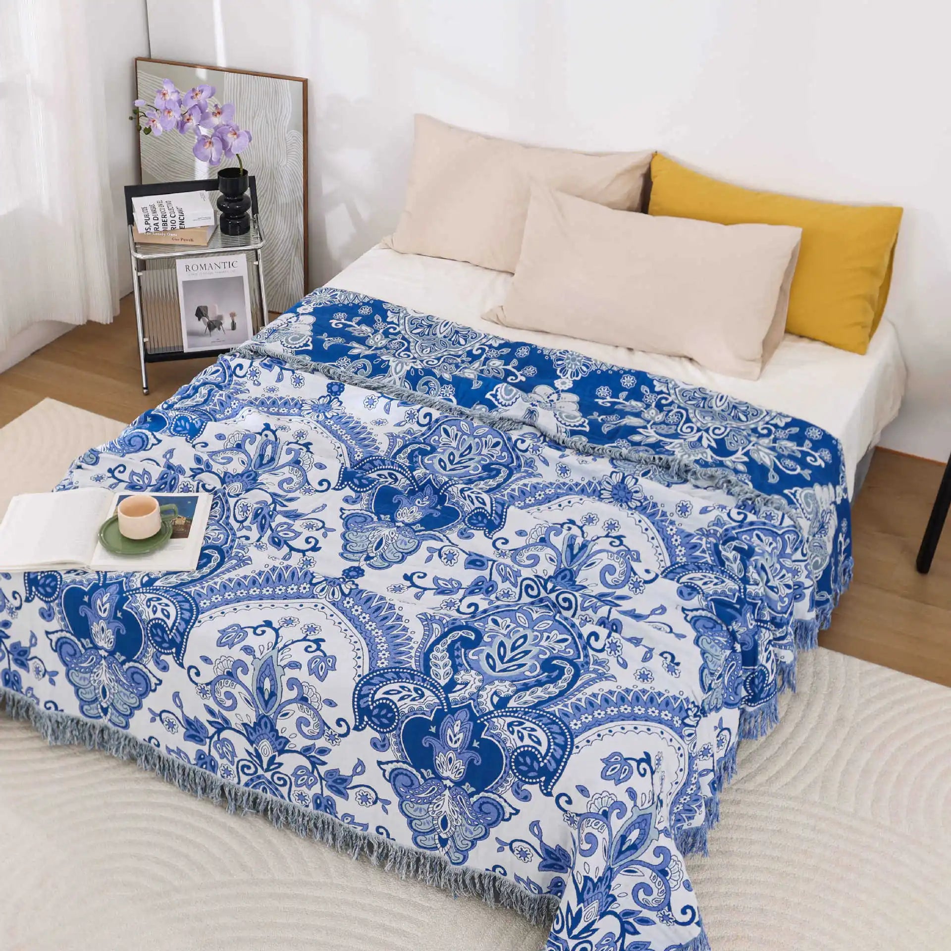 Couverture boho en coton bleu clair
