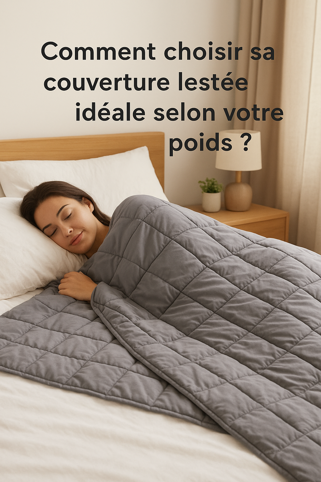 Image of Comment choisir la couverture lestée parfaite selon votre poids ? Femme dormant sous une couverture lestée grise.