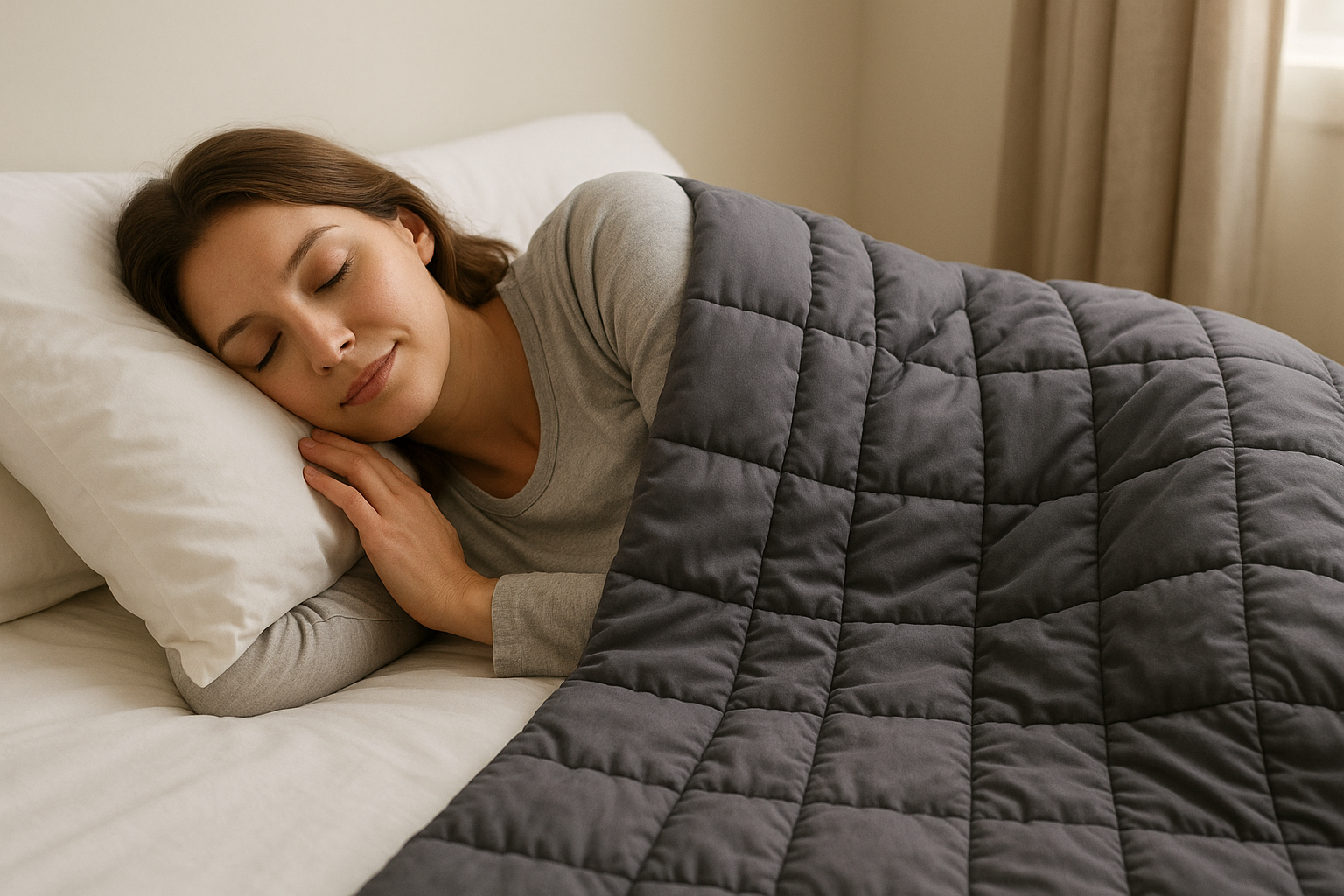 Image of Couverture lestée le secret d’un sommeil profond et réparateur, femme dormant paisiblement sous une couverture lestée.