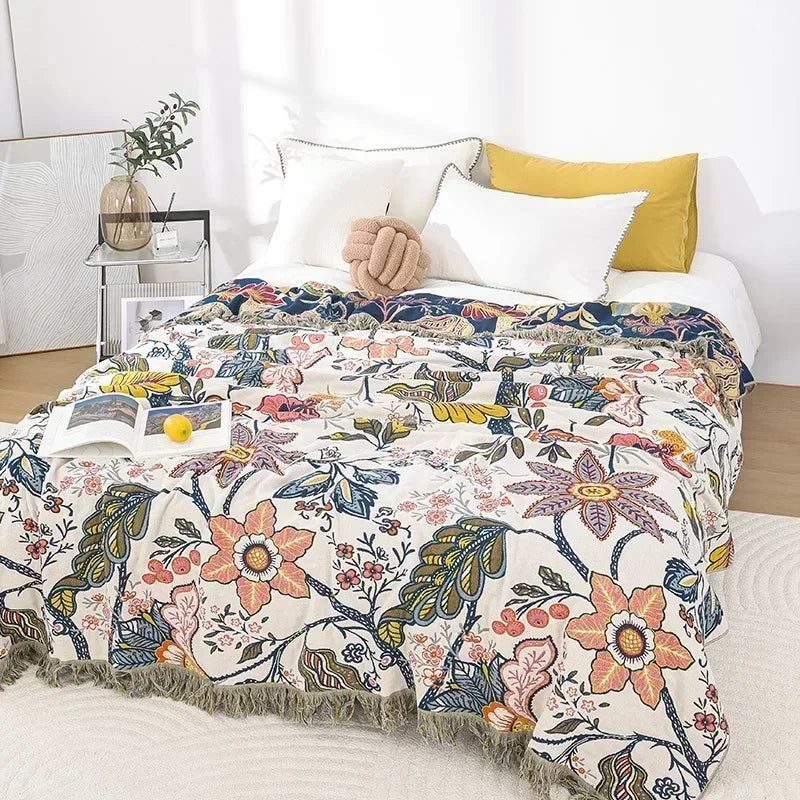 Couverture boho en coton blanc floral