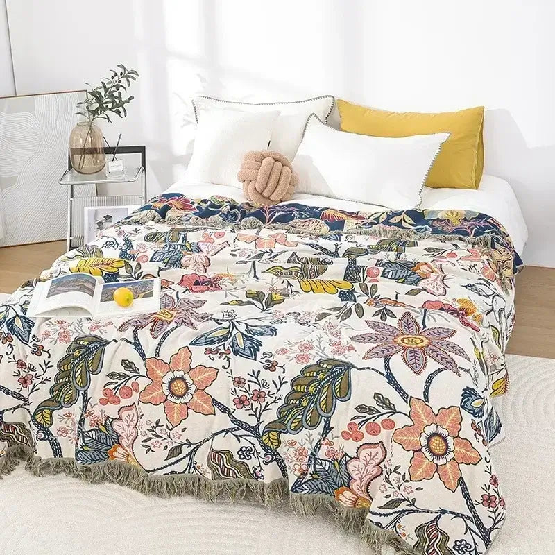 Image of Couverture boho en coton blanc floral – élégance chambre