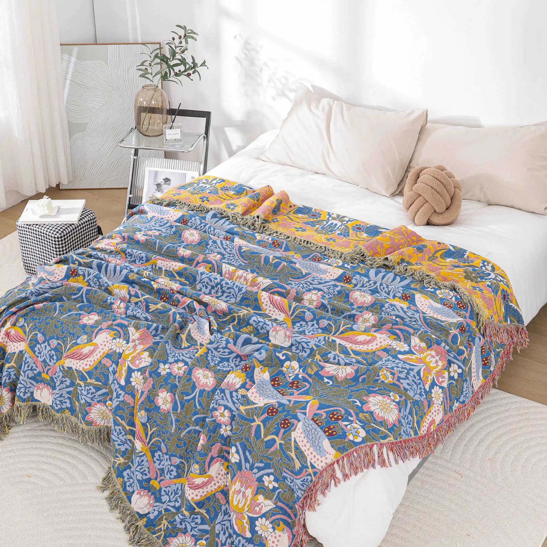 Couverture boho en coton bleu orange
