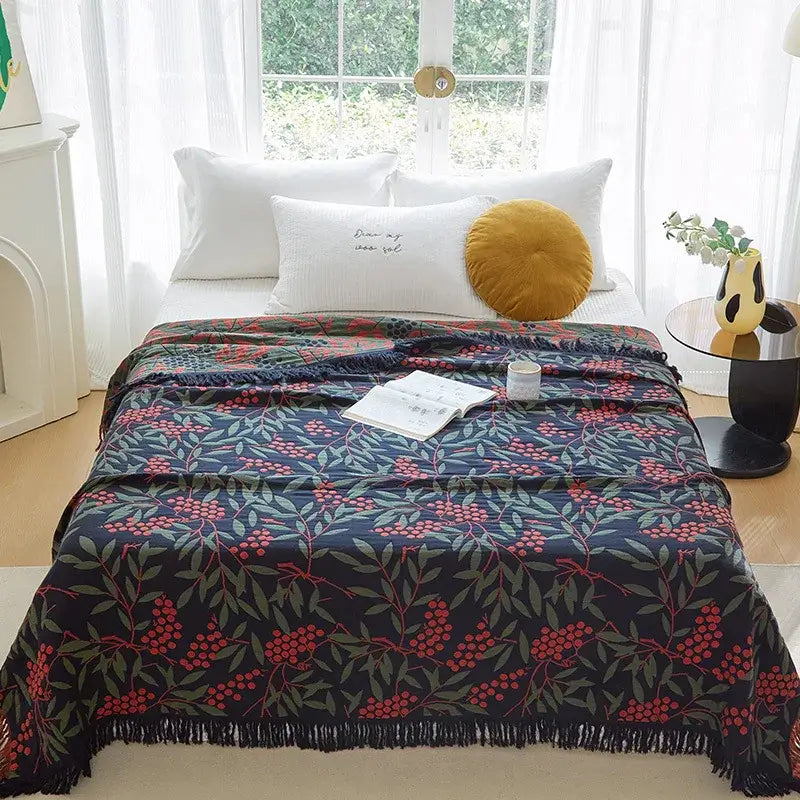 Image of Couverture boho en coton bleu vert 