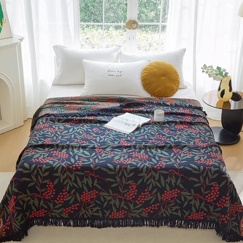 Couverture boho en coton bleu vert 