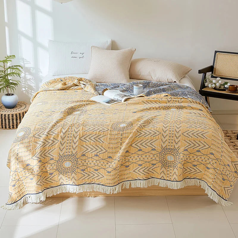 Couverture boho en coton jaune