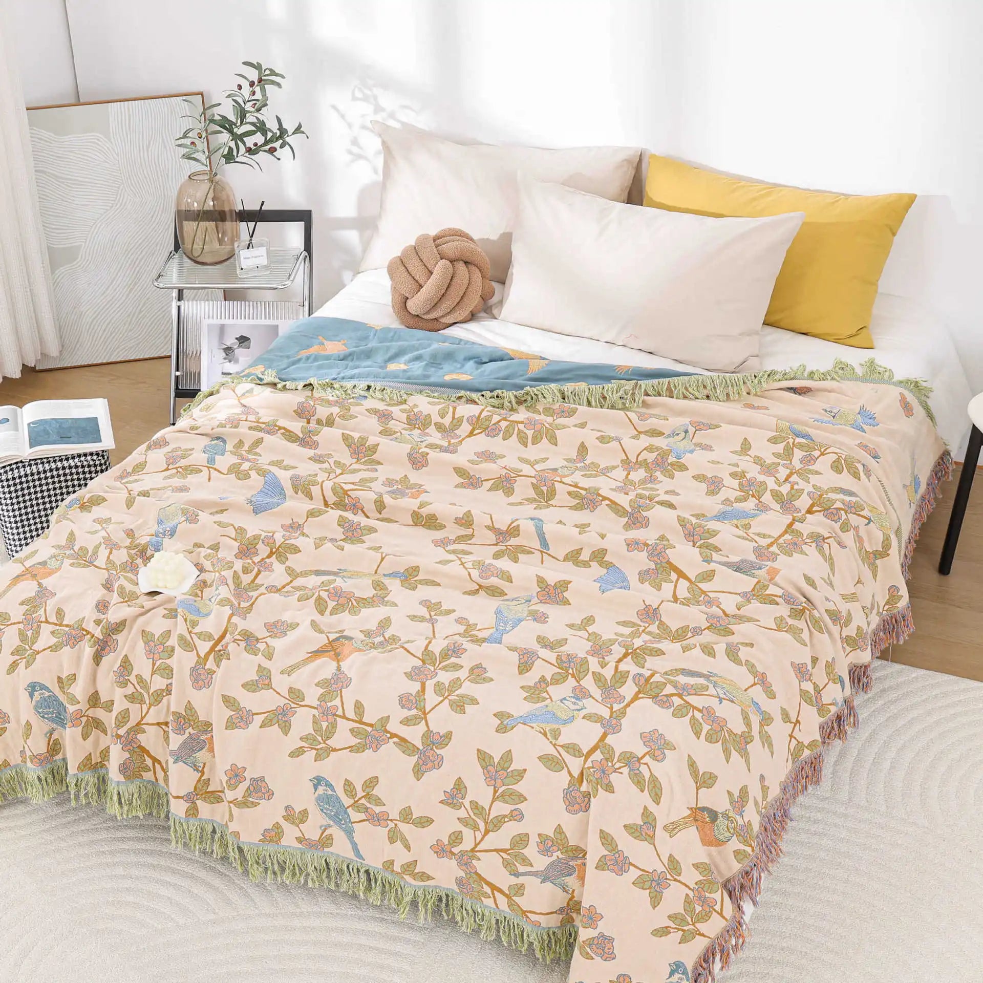 Couverture boho en coton jaune feuille