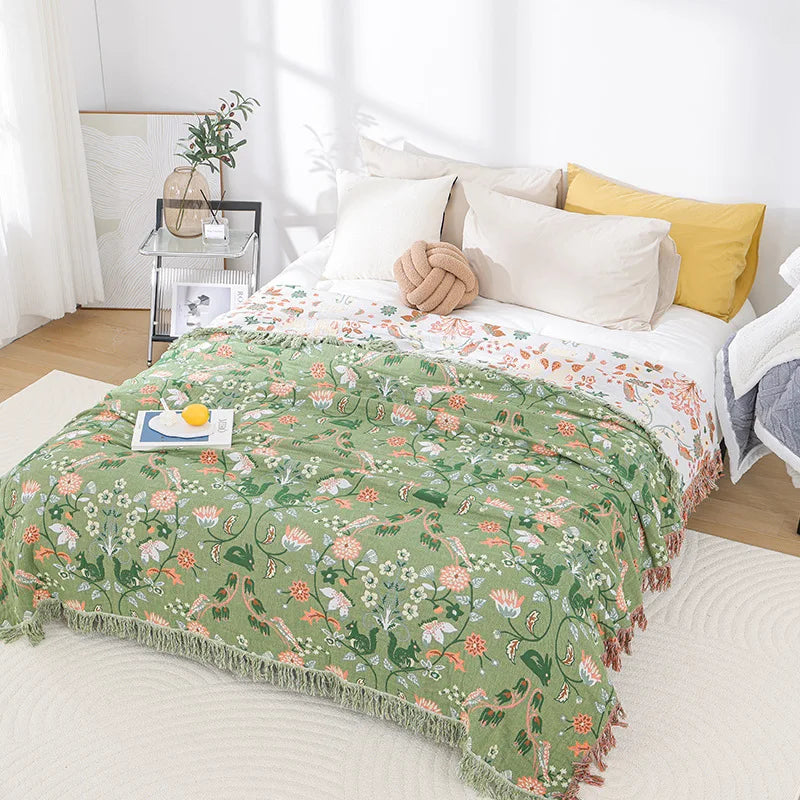 Couverture boho en coton vert clair