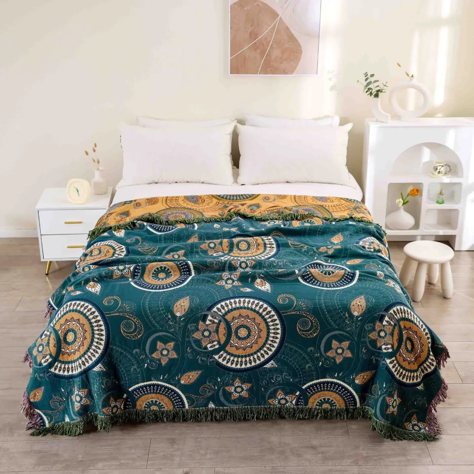 Couverture boho en coton vert feuille