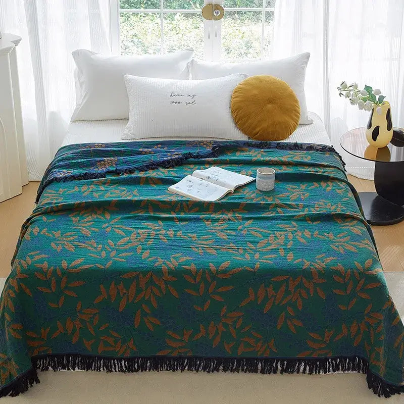 Couverture boho en coton vert foncé