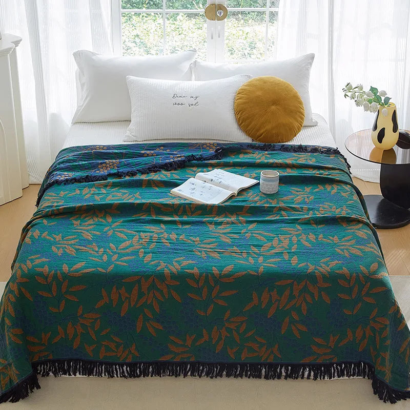 Couverture boho en coton vert foncé