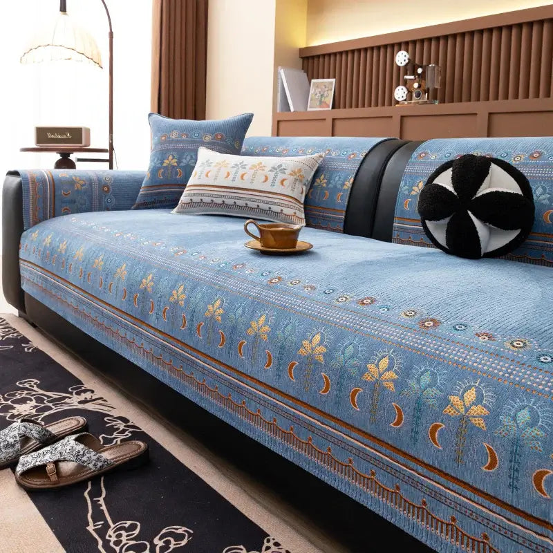 Image of Couverture canapé 4 saisons bleu  design – plaid décoratif et confortable