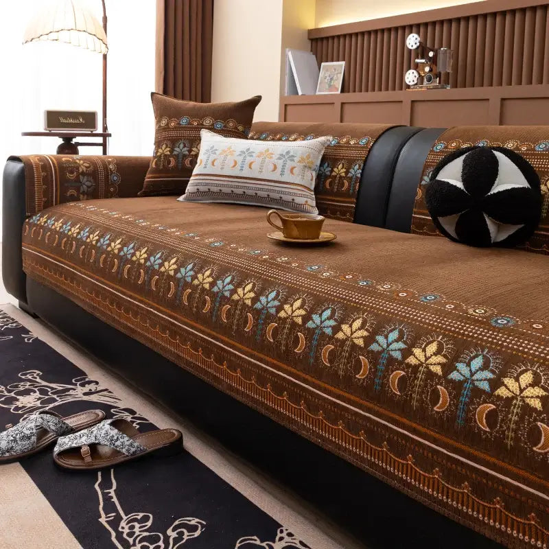 Image of Couverture canapé 4 saisons marron design – plaid décoratif et confortable