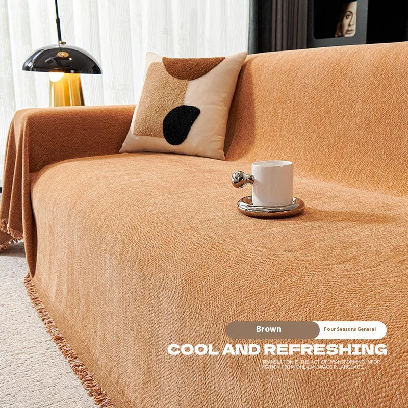 Couverture canapé avec pompon caramel