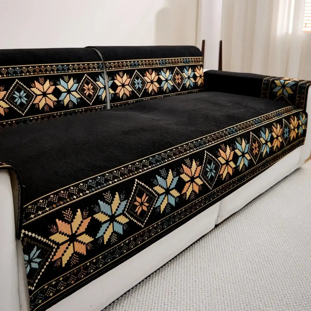 Image of Couverture canapé boho noir design – plaid décoratif et confortable
