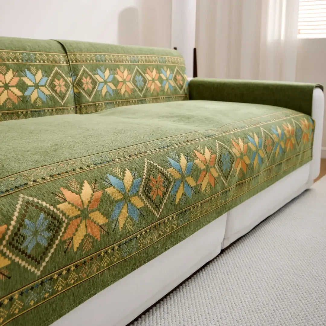 Image of Couverture canapé boho vert doux pour salon