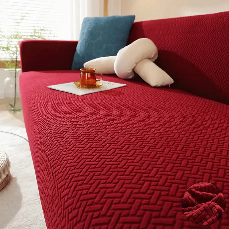 Image of Couverture canapé en Jacquard rouge style cosy – intérieur chaleureux