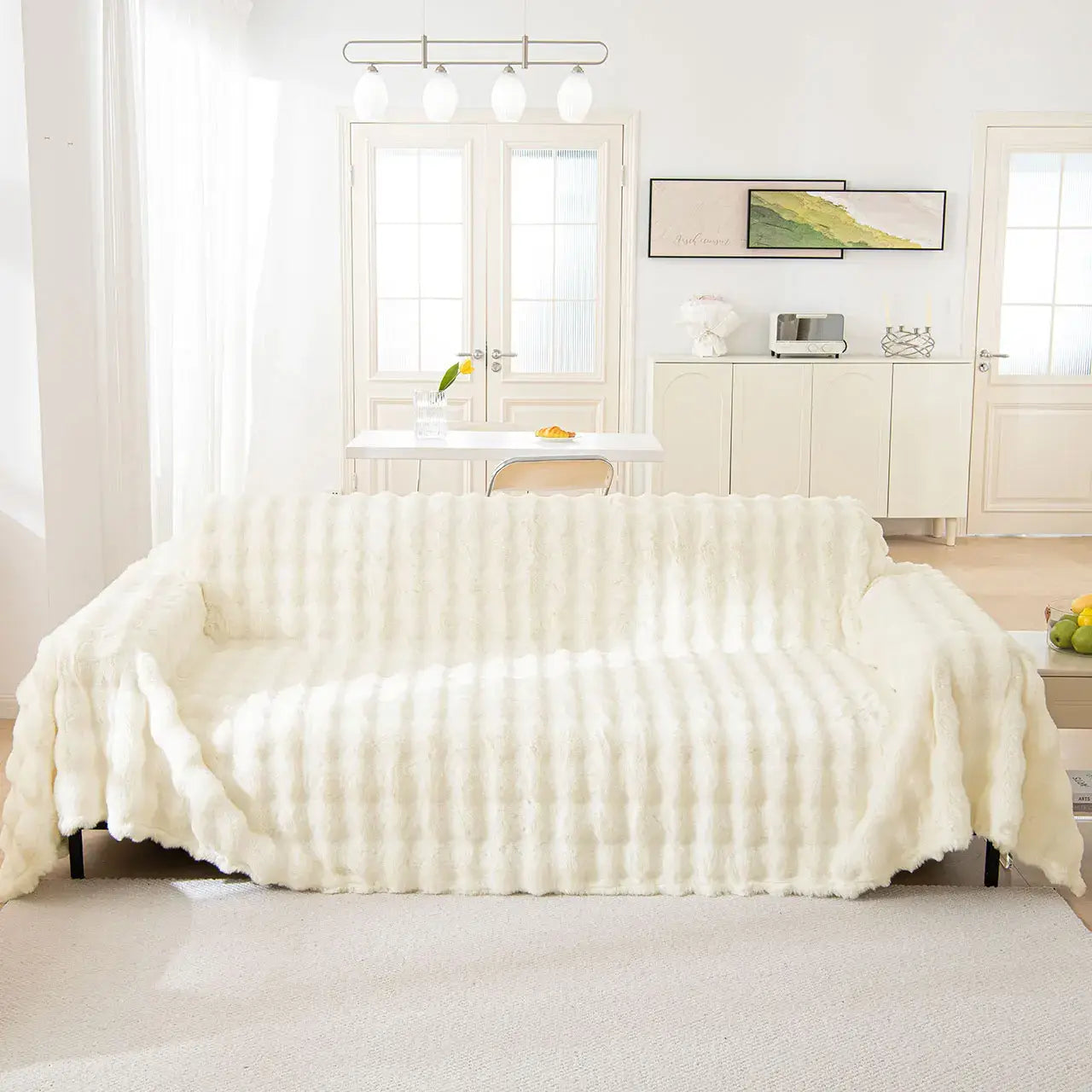 Image of Couverture canapé en Peluche blanc