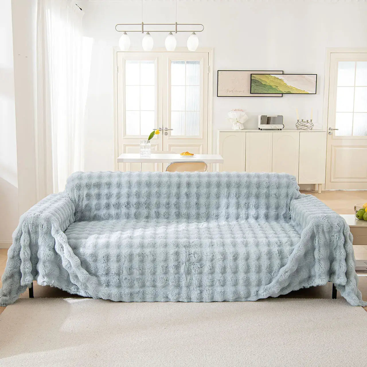 Image of Couverture canapé en Peluche gris clair