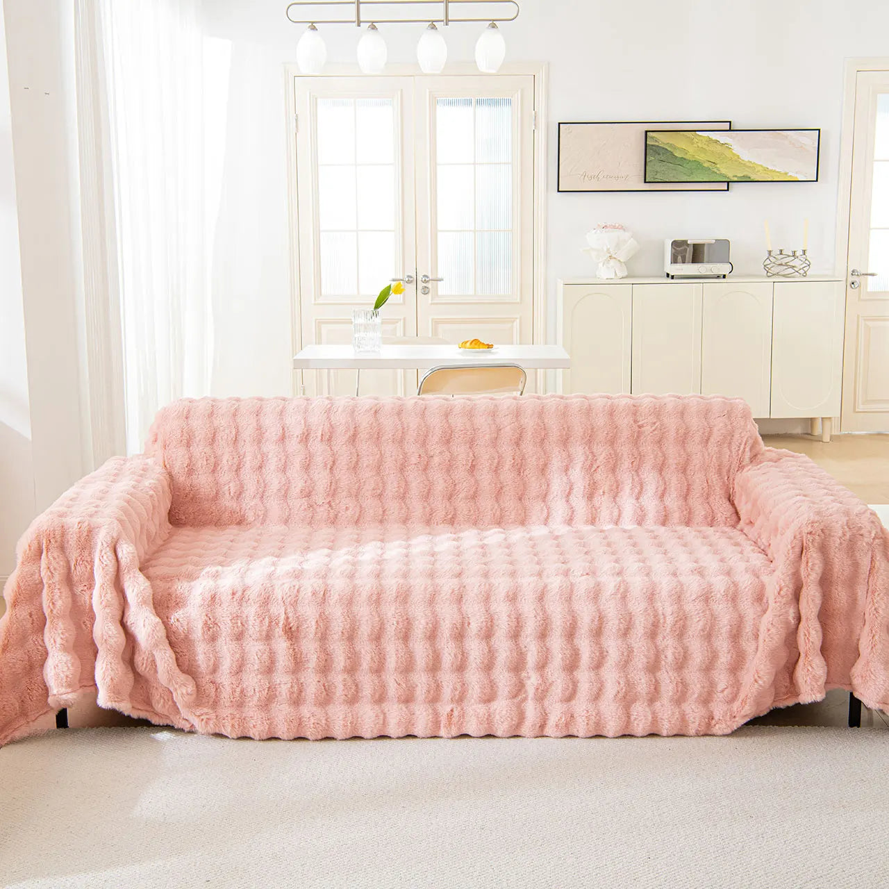 Couverture canapé en Peluche rose 2