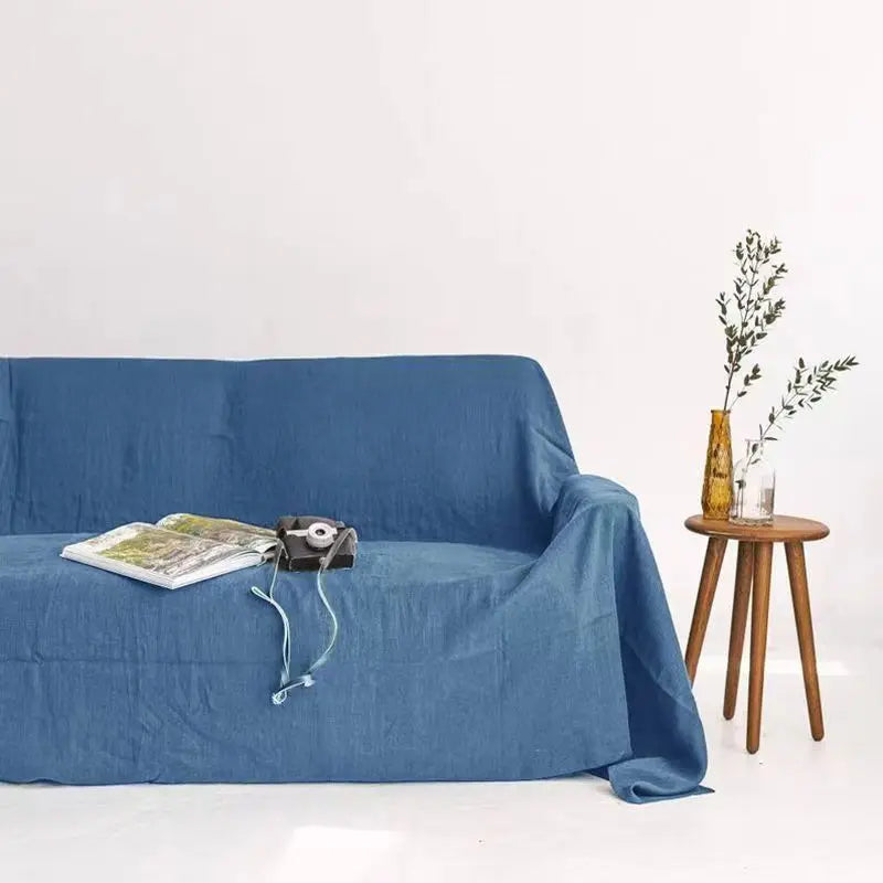 Couverture canapé en lin bleu