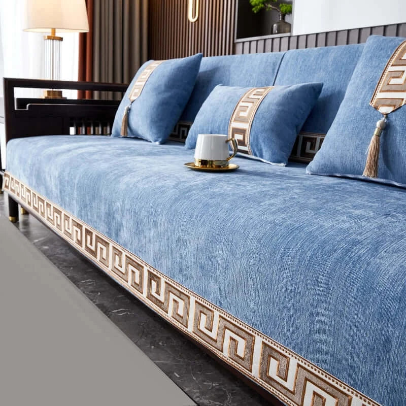 Image of Couverture canapé à rayures bleu design – plaid décoratif et confortable