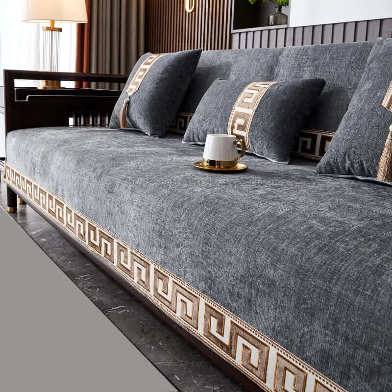 Image of Couverture canapé à rayures gris foncé design – plaid décoratif et confortable