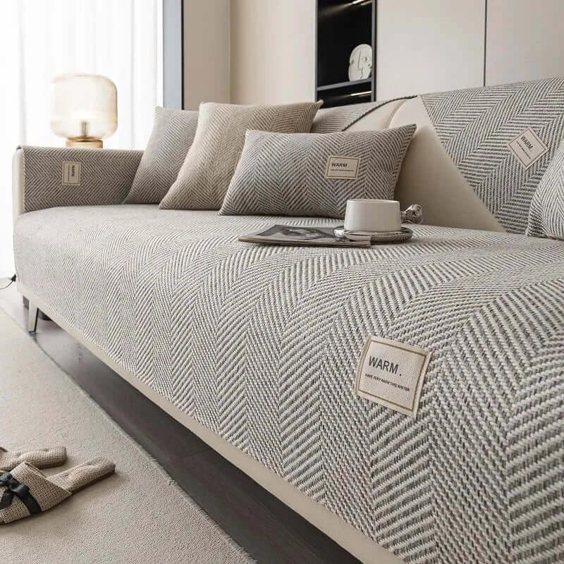 Image of Couverture canapé tissée gris clair design – plaid décoratif et confortable