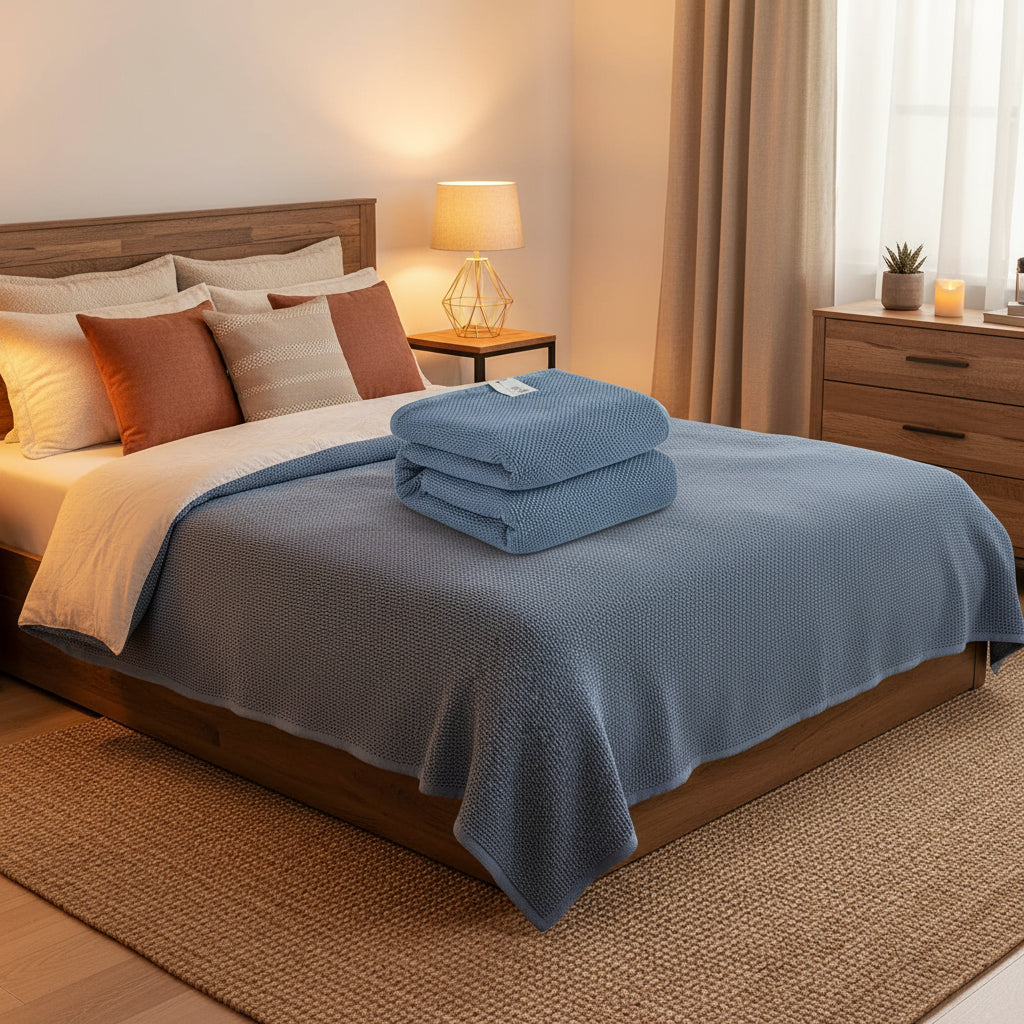 Image of Couverture à carreaux en coton bleu douce 200x230 cm - confort et chaleur