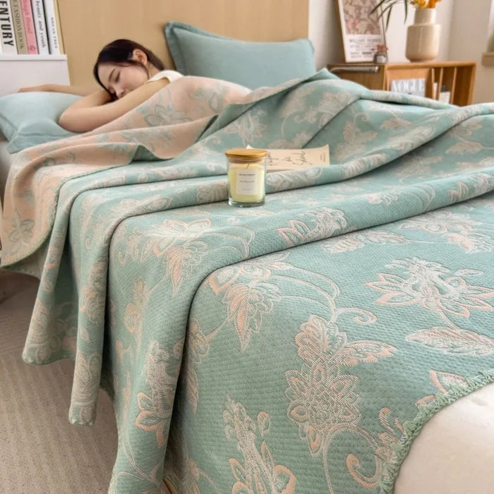 Couverture en jacquard coton blanc vert