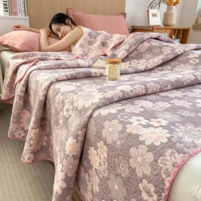 Couverture en jacquard coton gris blanc rose