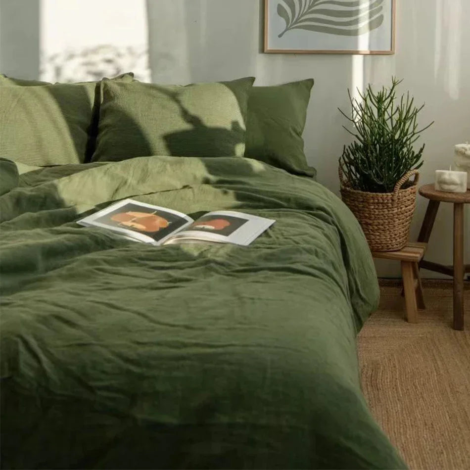 Couverture lit en Lin vert mousse