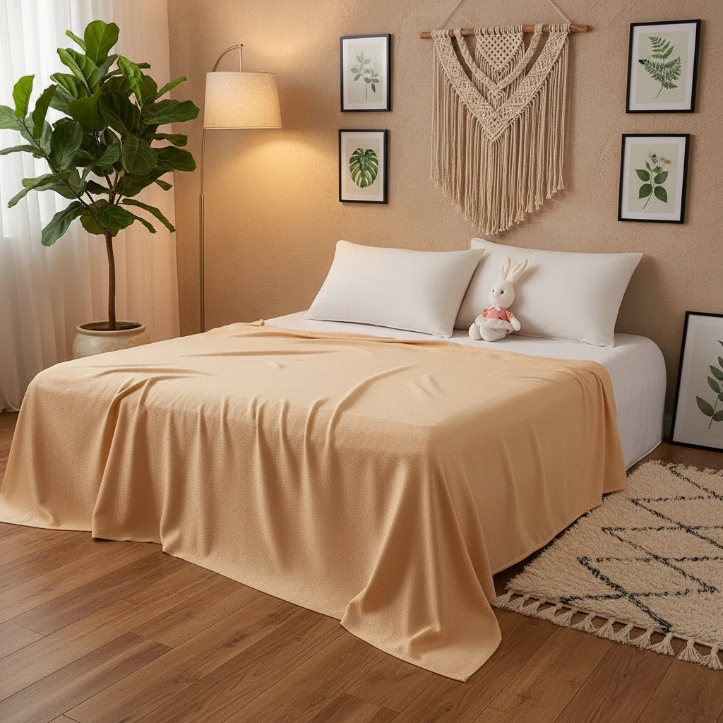 Image of Couverture lit en bambou marron cosy pour lit double – texture douce