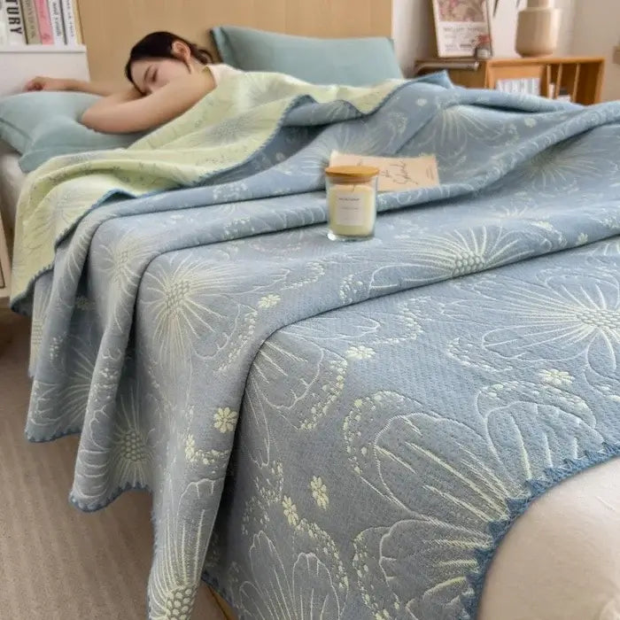 Image of Couverture lit en jacquard coton bleu– chauffage naturel et style cosy