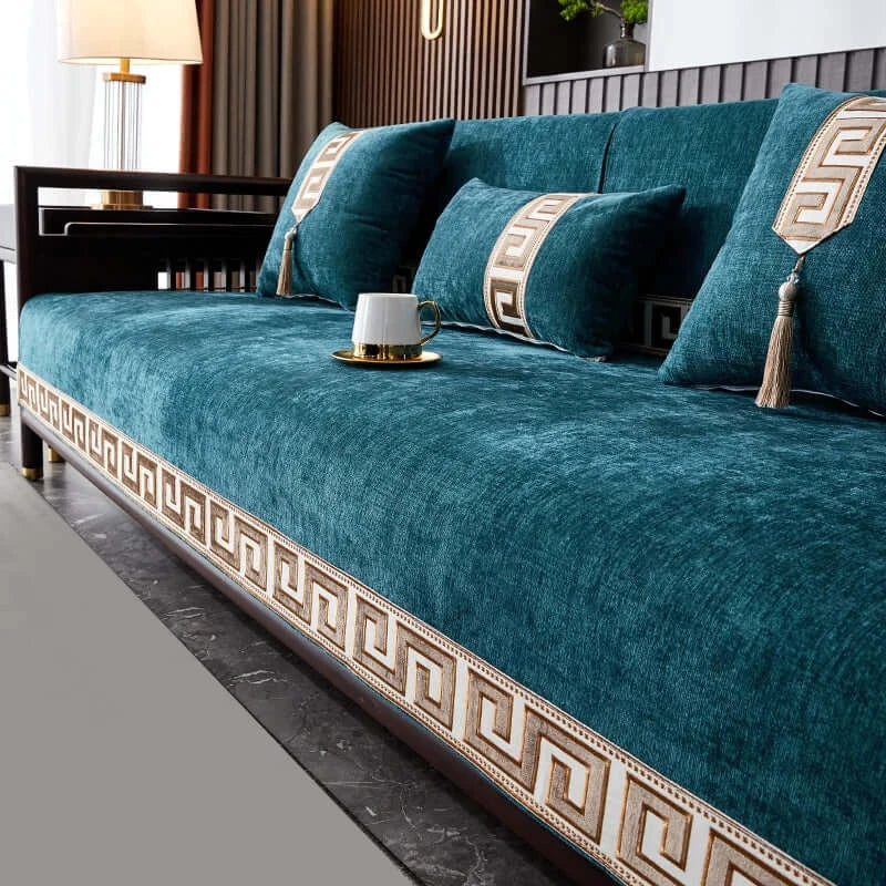 Image of Couverture canapé à rayures bleu marine